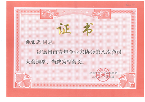 魏京亞同志當(dāng)選為德州市青年企業(yè)家協(xié)會副會長